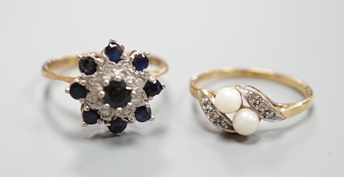 A modern 9ct gold, sapphire and diamond cluster ring and a similar cultured pearl and diamond chip set crossover ring, gross weight 4.9 grams.